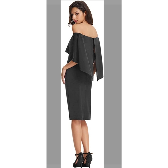 Women's Off Shoulder Batwing Cape Slim Midi Dress Black (Sz Small) - Picture 2 of 3